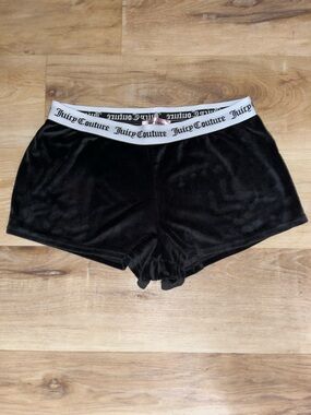Juicy Couture Black Velour Lounge Shorts with White Logo Waistband.